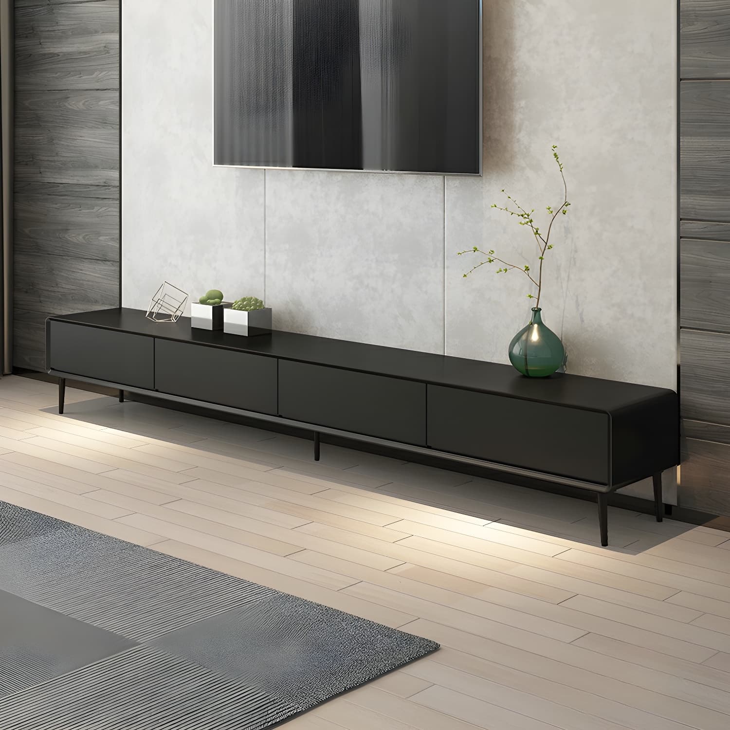 Modern Wooden Long and Low TV Stand with 4 Drawers, No Assembly Required, Dark Tone