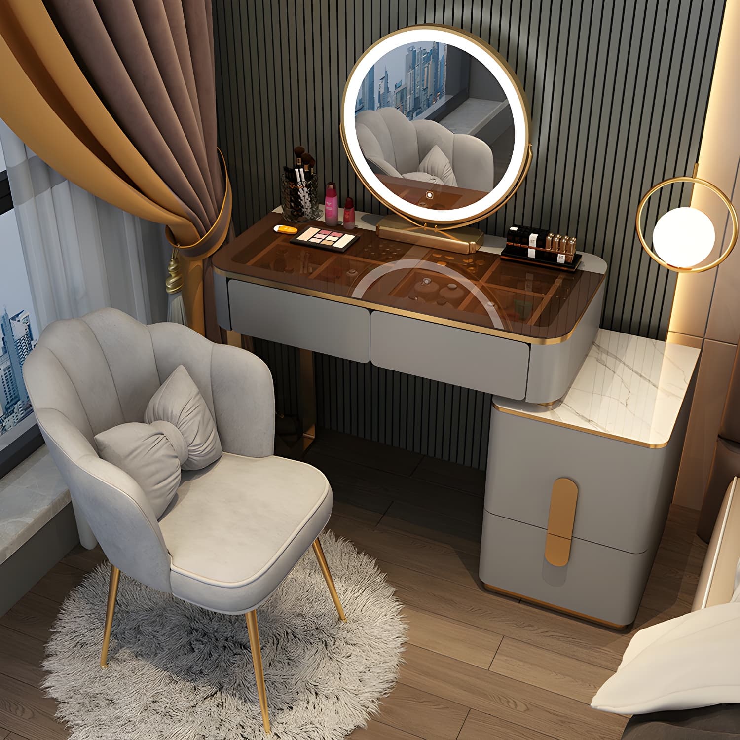 Glam Glass Vanity Dressing Table 29.9" H Bedroom Makeup Counter with Drawer