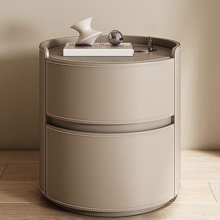 Chic Modern Round Nightstand with Light Wood Tone Faux Leather and Numerate Two Drawer Storage - image 12