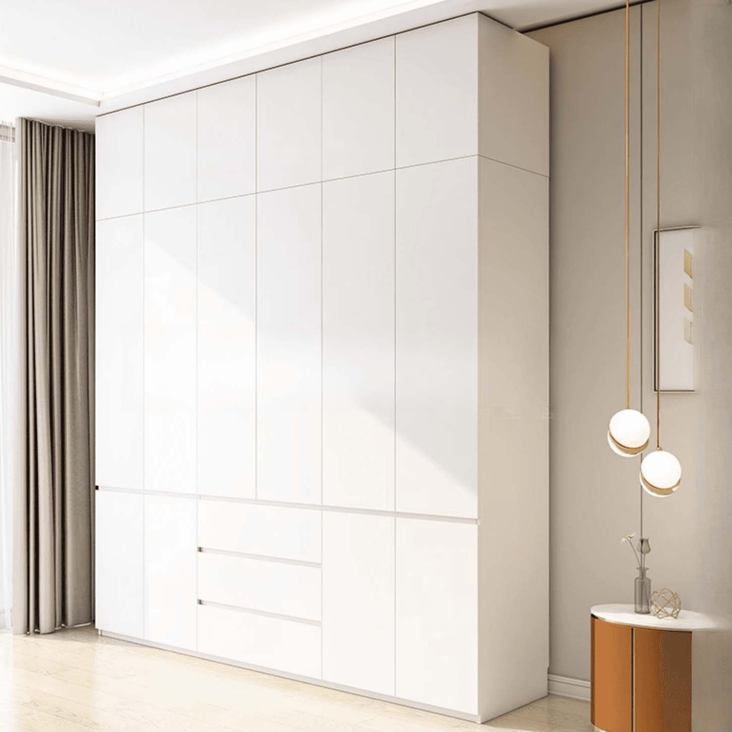 Minimalist Chalk Wooden Cabinet Armoire with Soft Close Drawer, Soft Close Door, Interior Shelves, and Clothing Rod