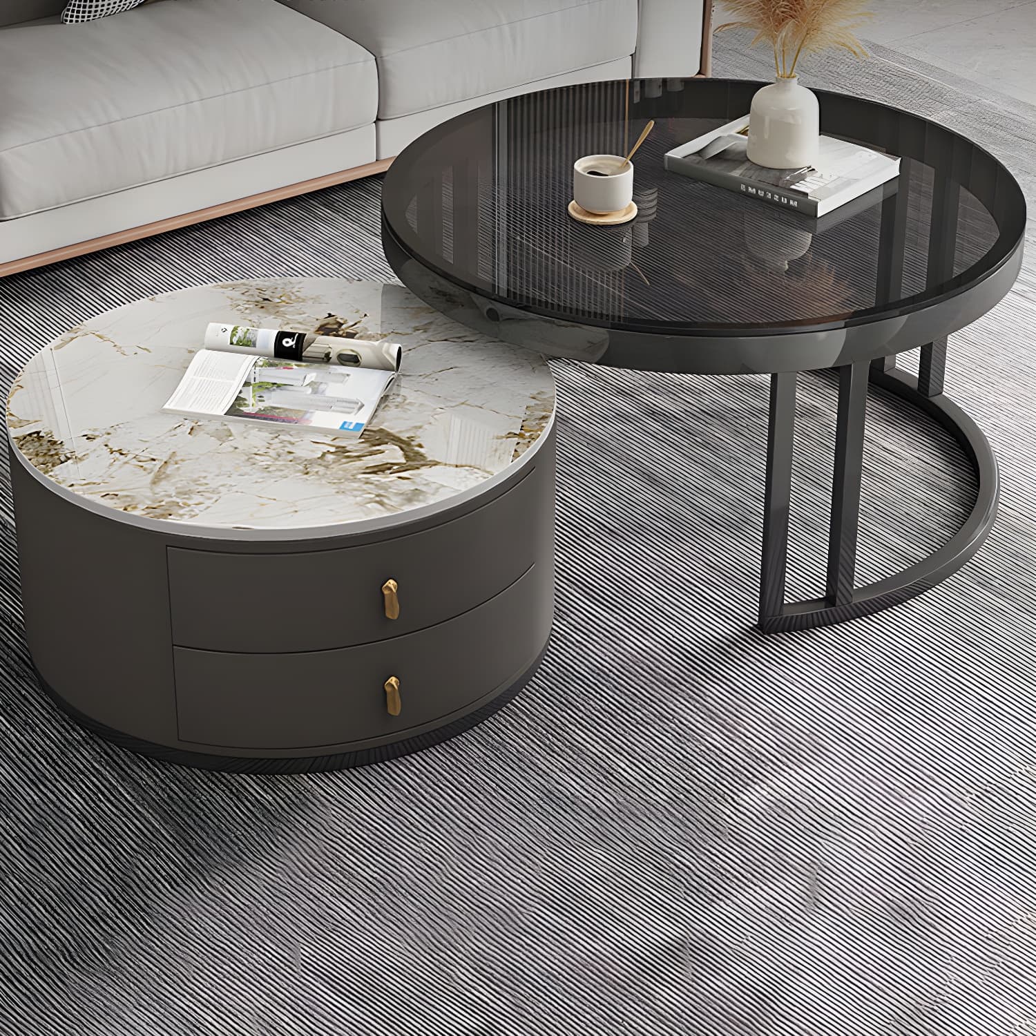 Round Nesting Coffee Table Set Frame Modern Storage Coffee Table - image 15