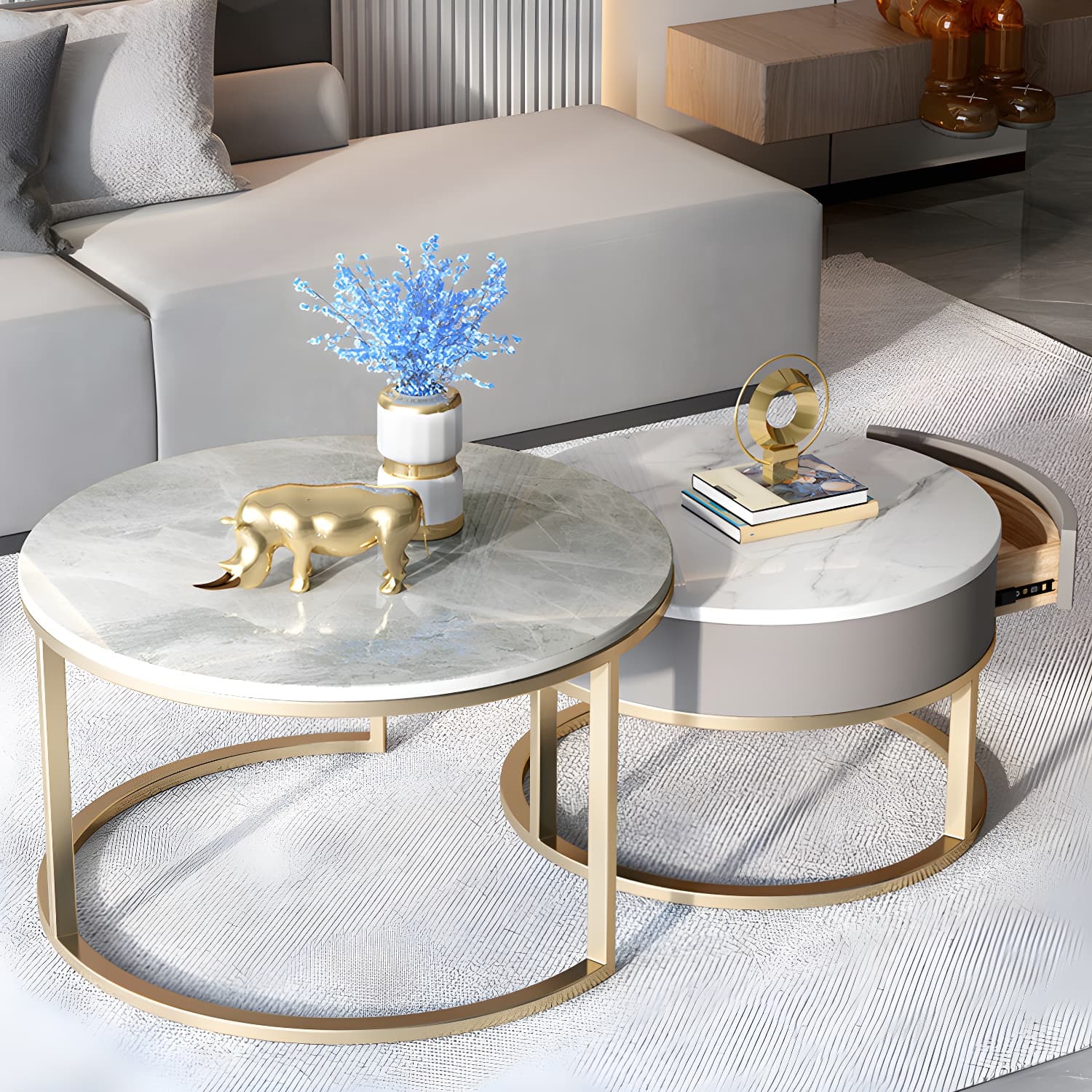 Slate Round Frame Coffee Table Modern Nesting Coffee Table Set with Drawer - image 5