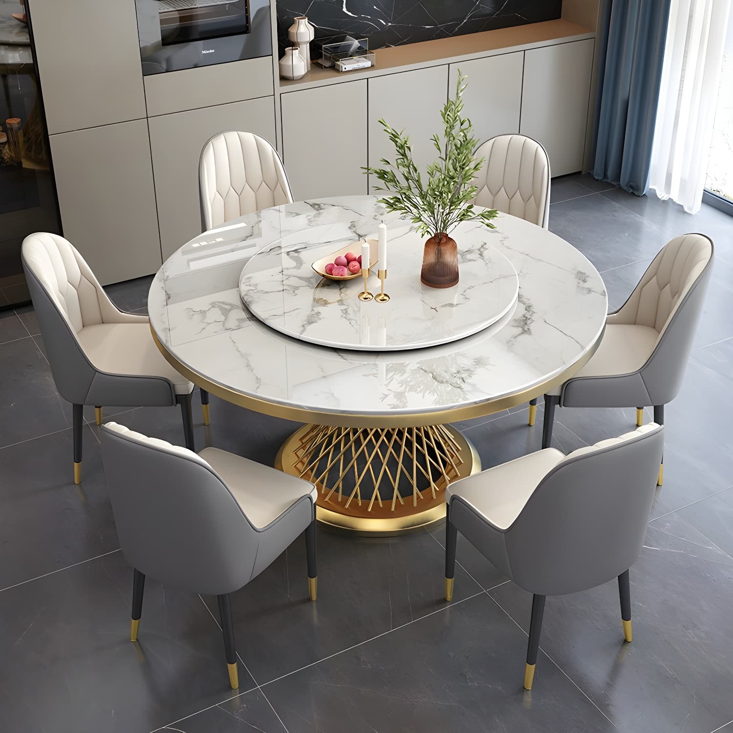 1/5/7/9 Pcs Dining Set with Round Marble Table and Padded Chairs - image 4