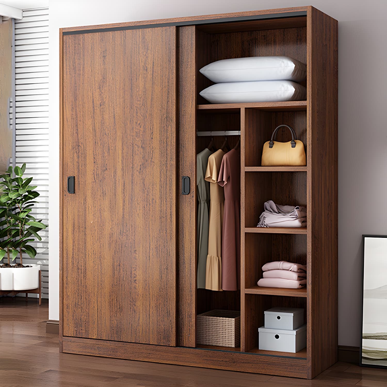 Non-Adjustable Traditional Brown Wood Wardrobe Armoire with Sliding Doors and Soft Close Drawers - image 3