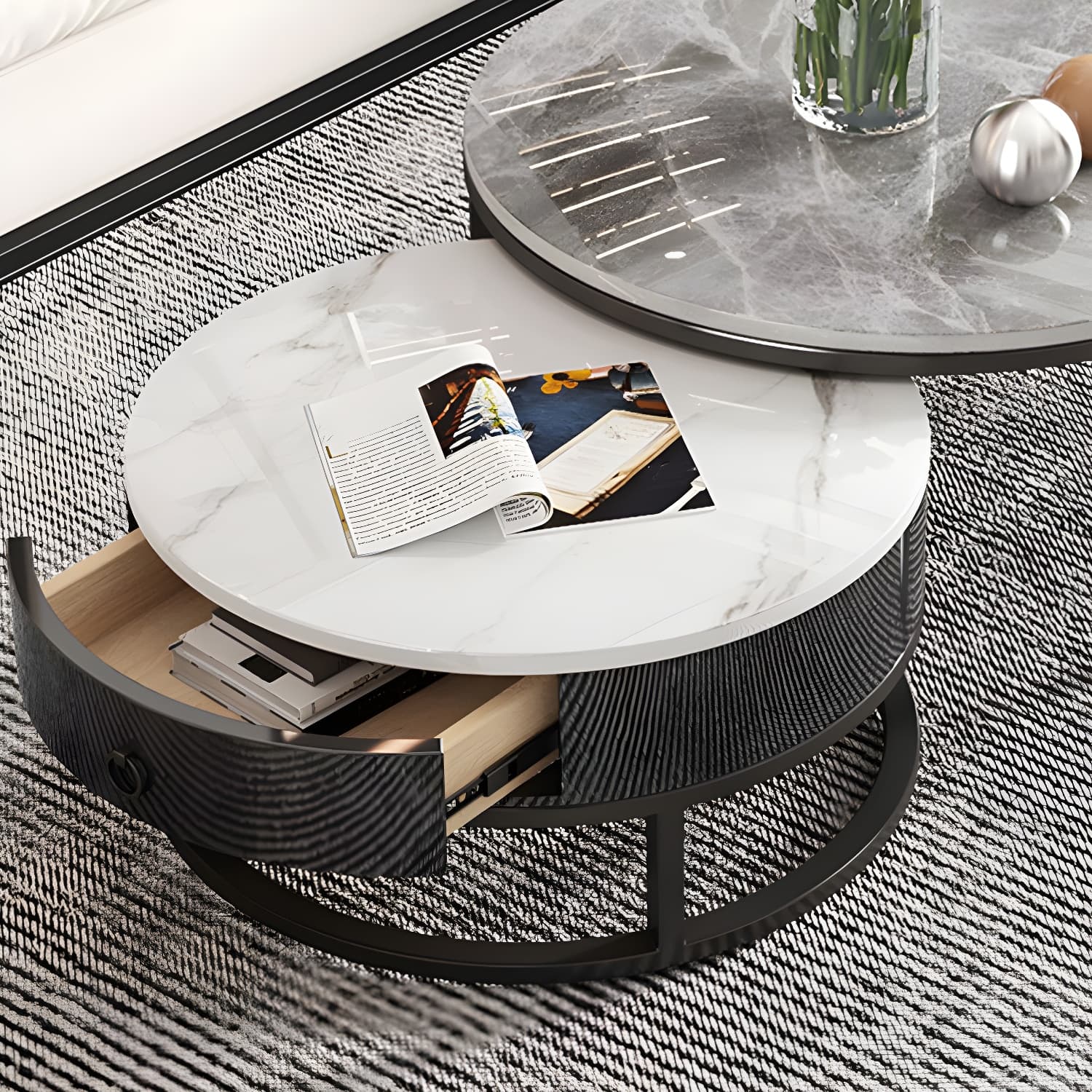 Slate Round Frame Coffee Table Modern Nesting Coffee Table Set with Drawer - image 9