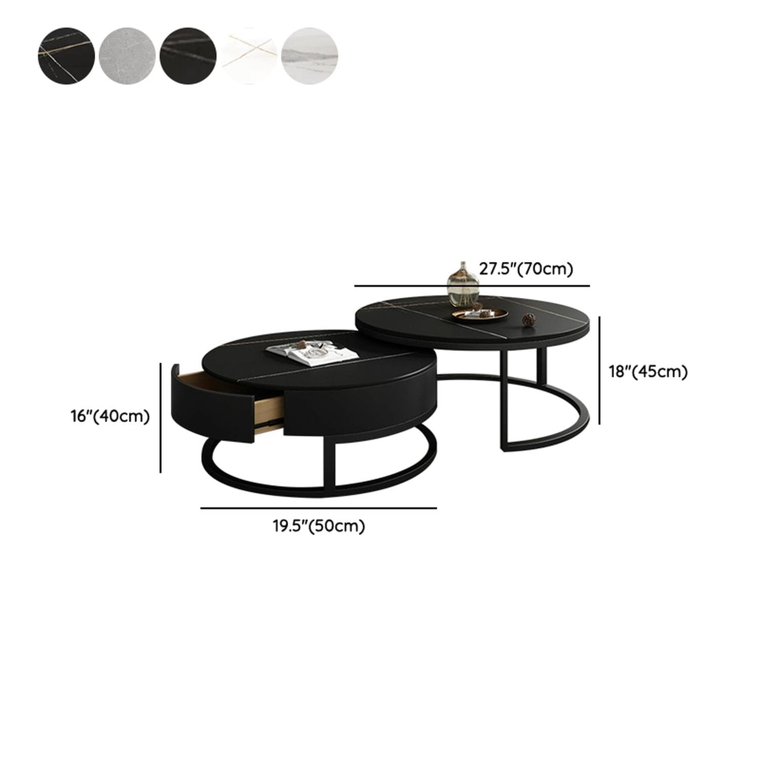 Modern Black Nesting Coffee Tables, 2 Set, Round Stone Top, Steel Frame with Storage - image 14