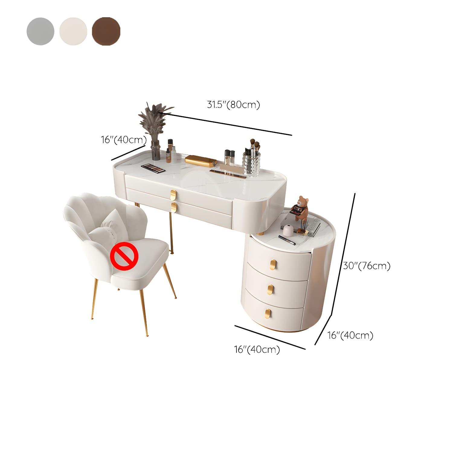 Storage Drawers Dresser Glass/Stone Top Dressing Table with Mirror & Stool - image 19