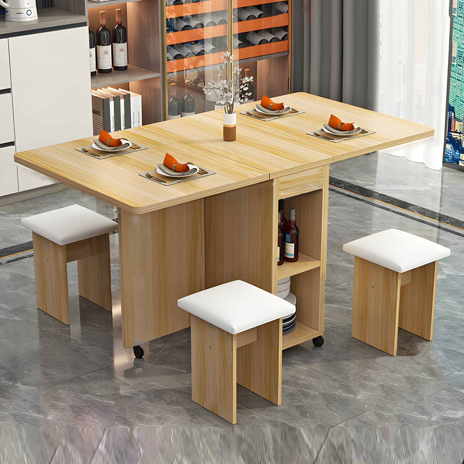 5-Piece Modern Wood Dining Set with Rectangle Table and White Backless Stools - image 8
