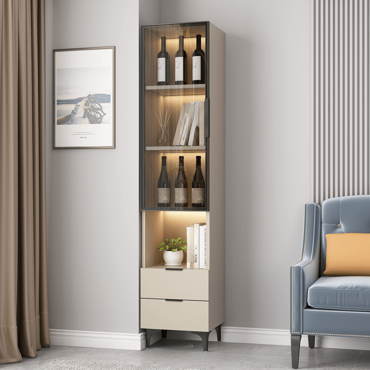 Rectangle Utility Cabinet with Locker, Glass Door, Pull Bars, White/Espresso/Off White Top, Soft Close Drawer, and Light