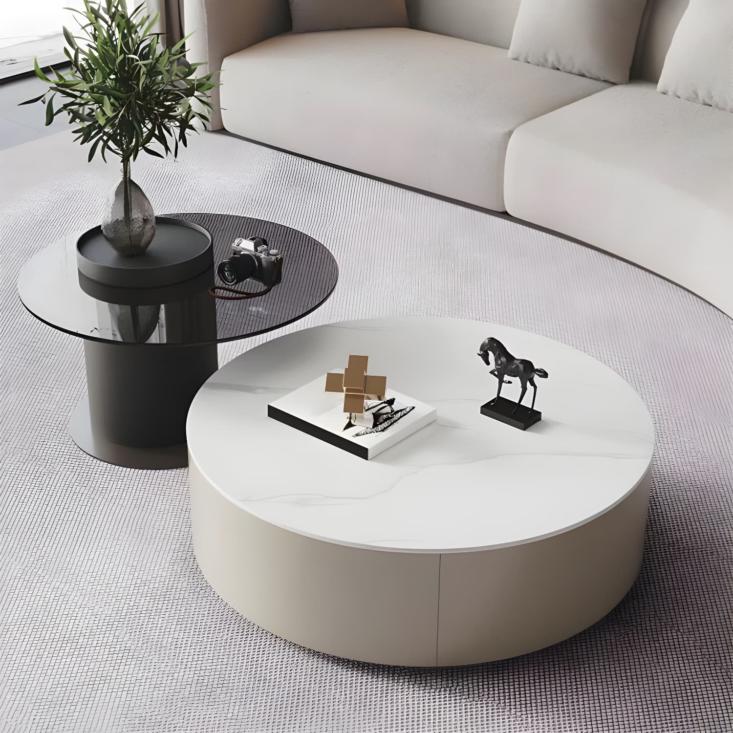 11"H Contemporary Coffee Table Round Coffee Cocktail Table with Drawer - image 5