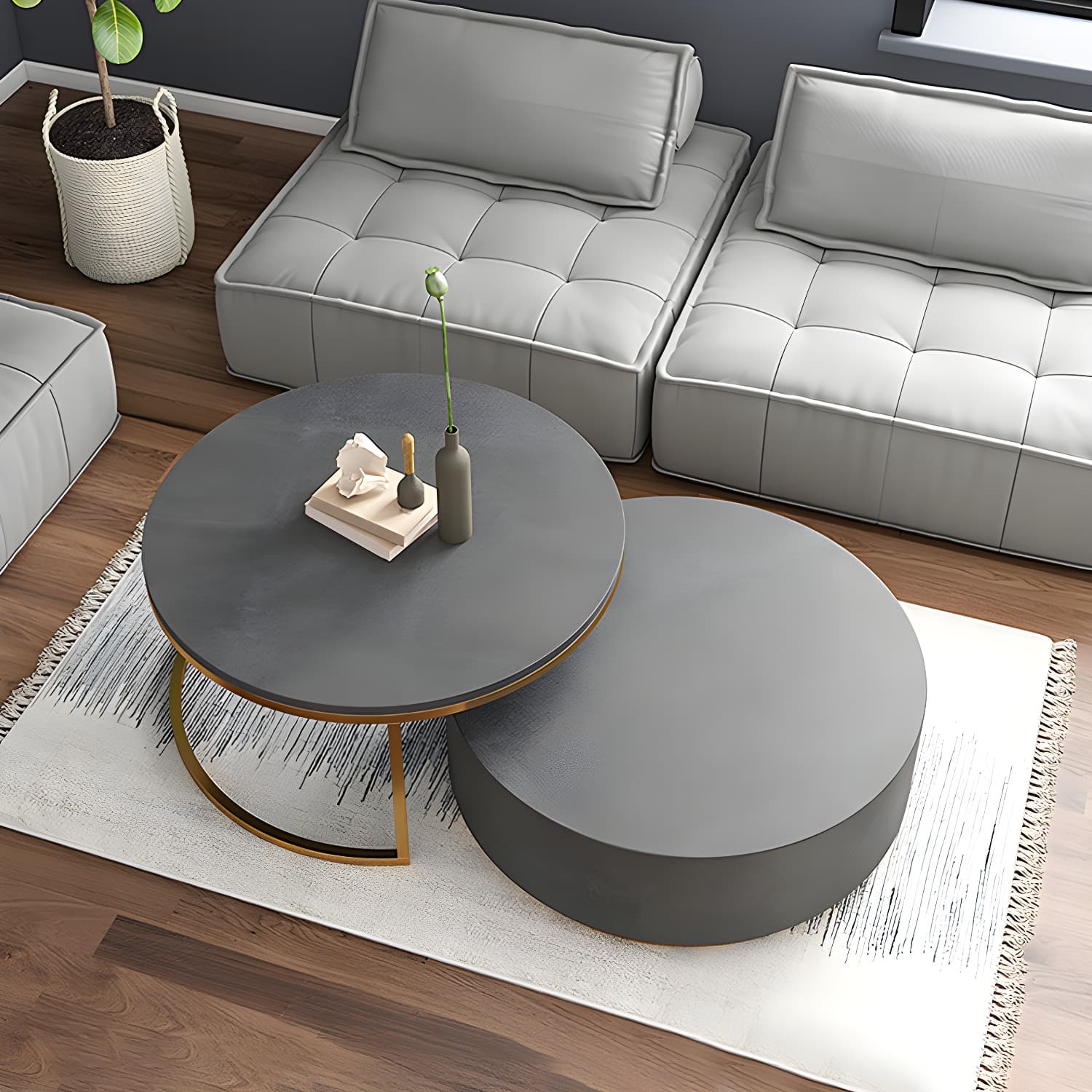Drum Base Design Black/grey Faux Concrete Top Metal Base Round Coffee Table - image 14