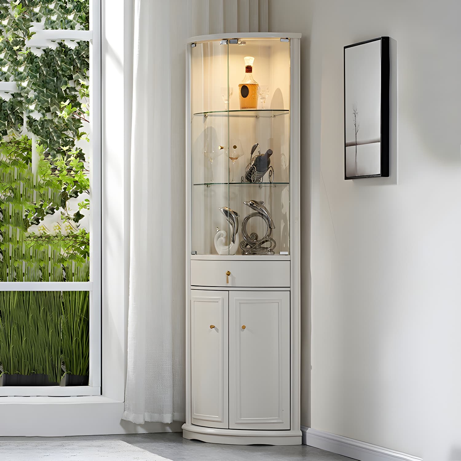 Corner Mid-Century Modern Accent Cabinet with Wood Countertop, Glass Doors, and Drawers Included - image 6