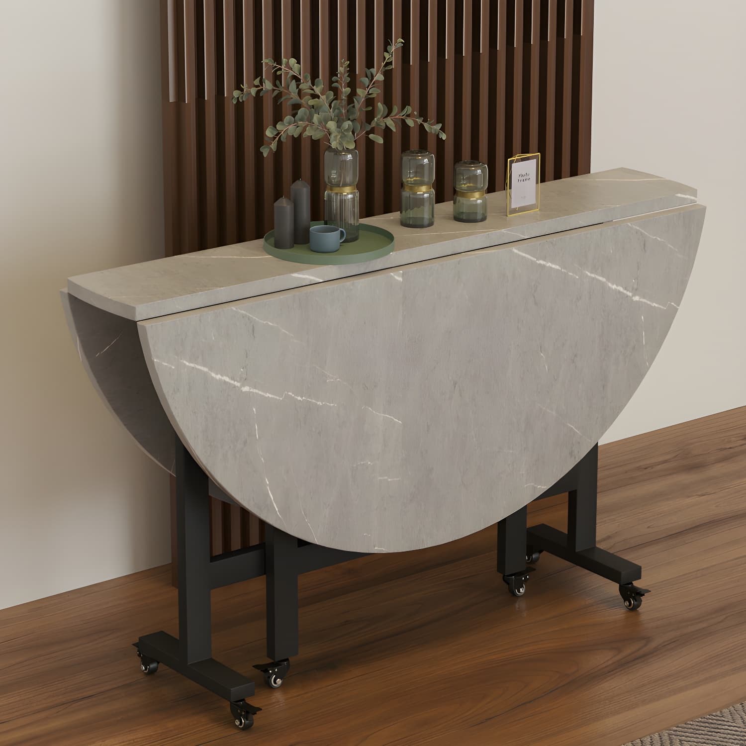 Modern Round Foldable Manufactured Wood Top Dining Table with Black Steel Legs