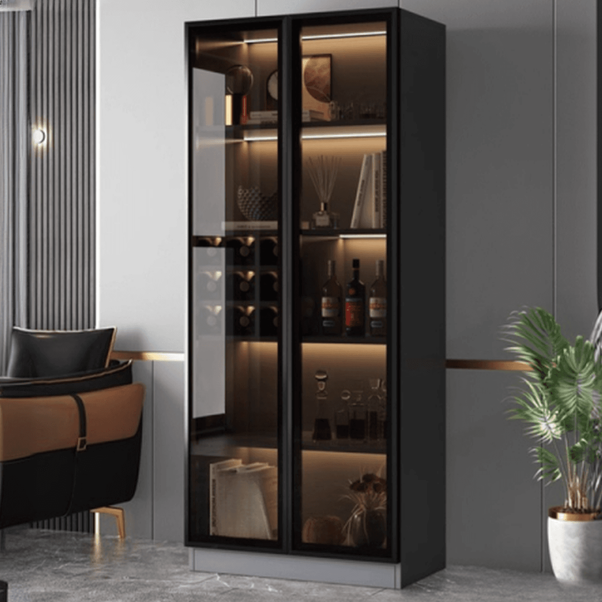 Contemporary Rectangle Utility Storage Cabinet with Storage Cabinet, Composite Wood Countertop, Glass-panel Door in Midnight Black