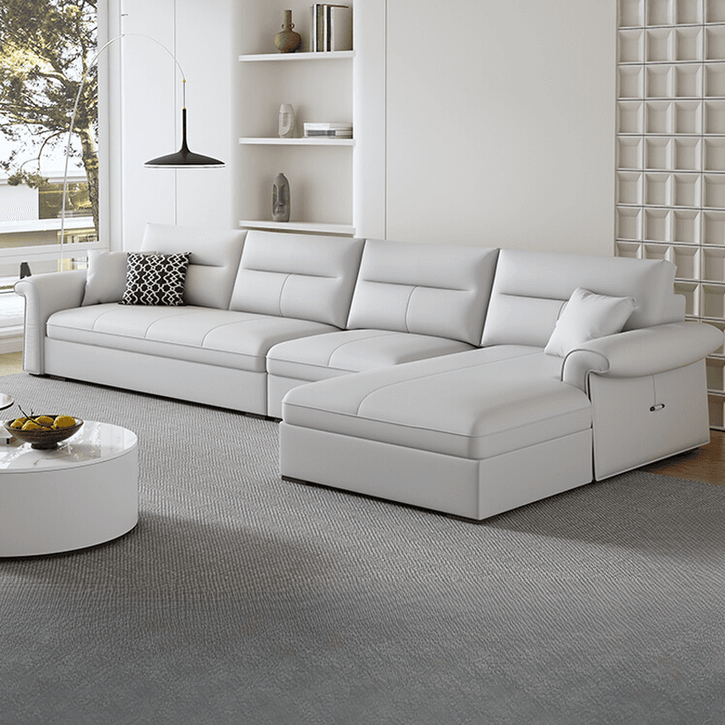 L-Shape/Straight Sofa/Sofa Chaise in Chalk with Under-seat-storage, Right Hand Facing/Horizontal Orientation, and Round Arm