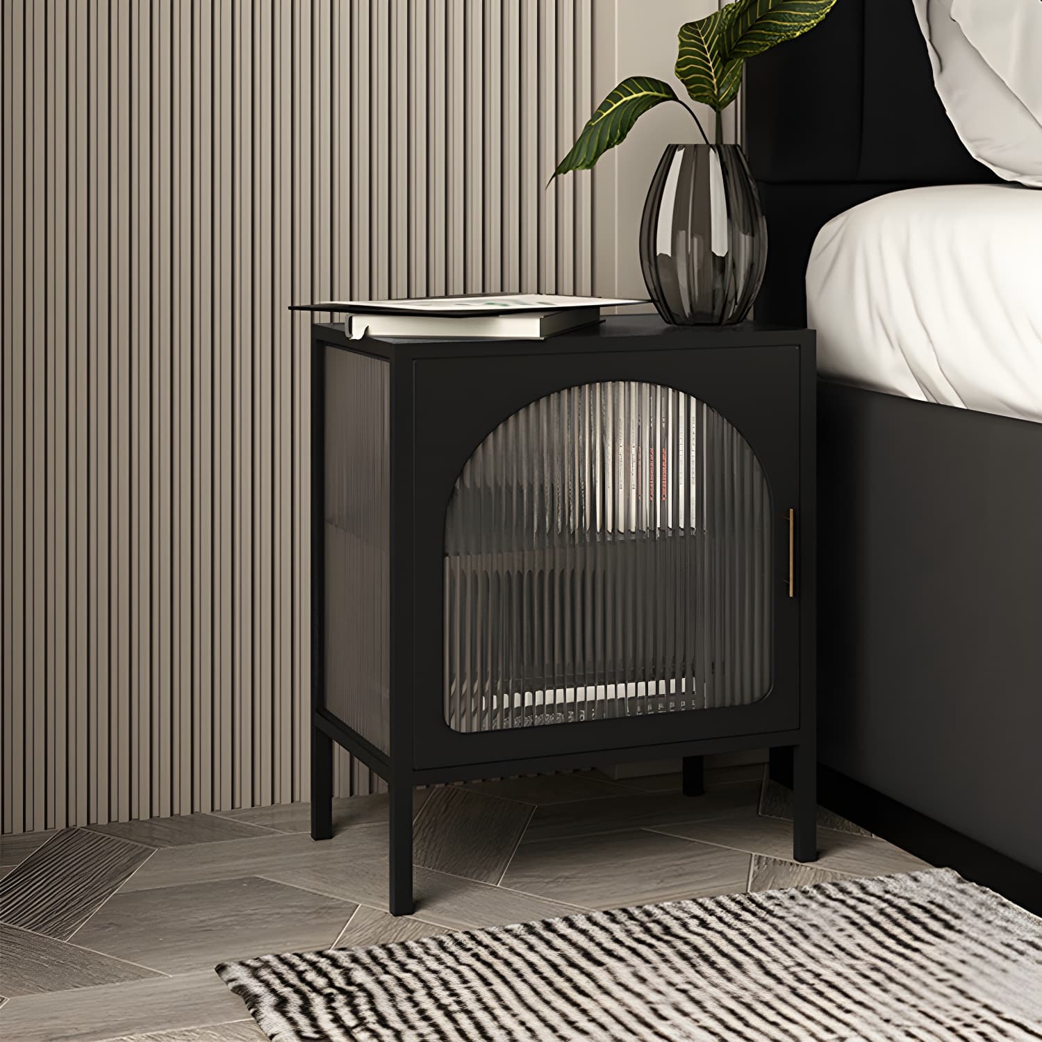 Black/white Two Shelves Nightstand Glass Modern 1-door Nightstand - image 3