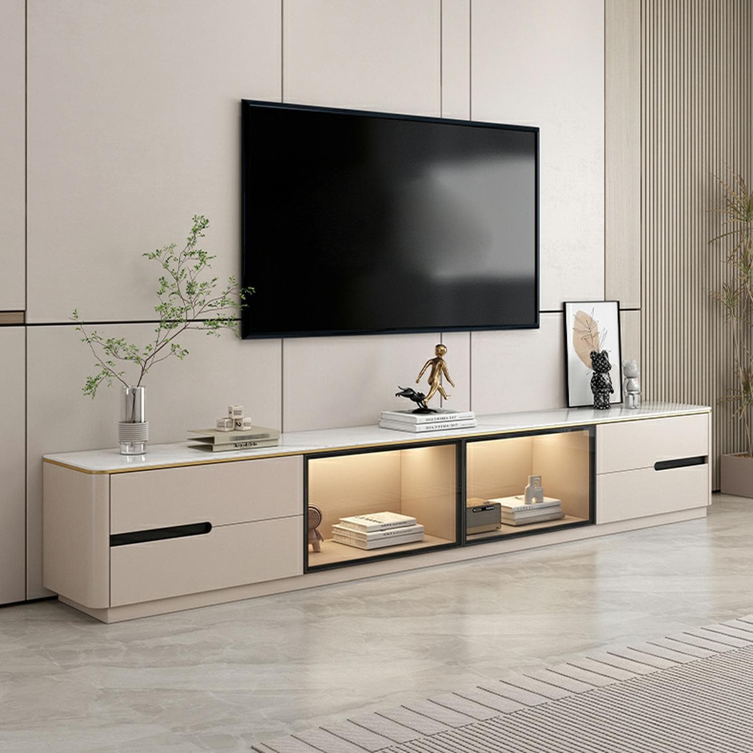 Modern Stone TV Stand with Drawers and Cabinet Low Profile Cable Management Fully Assembly Required - image 7