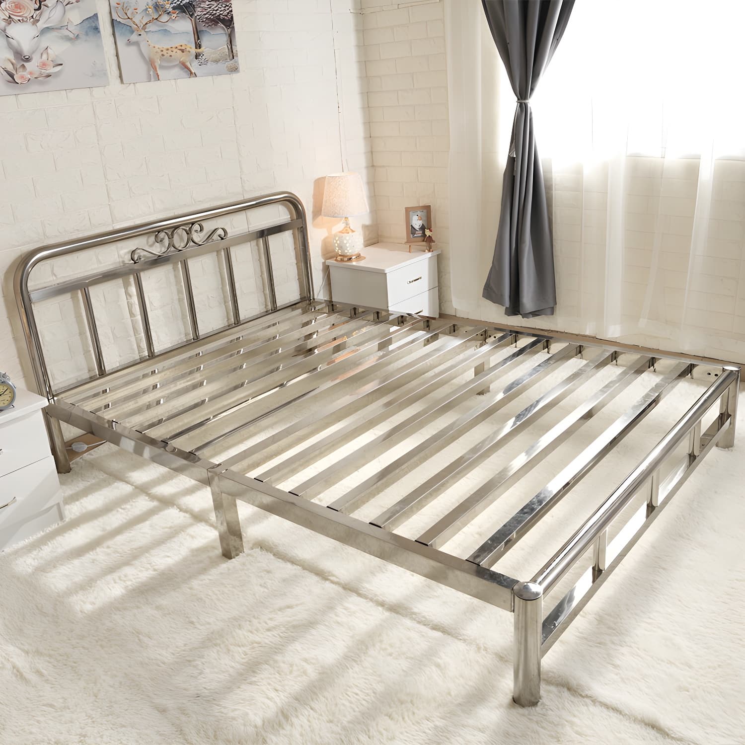 Silver Modern Steel Bed Rectangular Minimalist Bed with Metal Legs - image 4