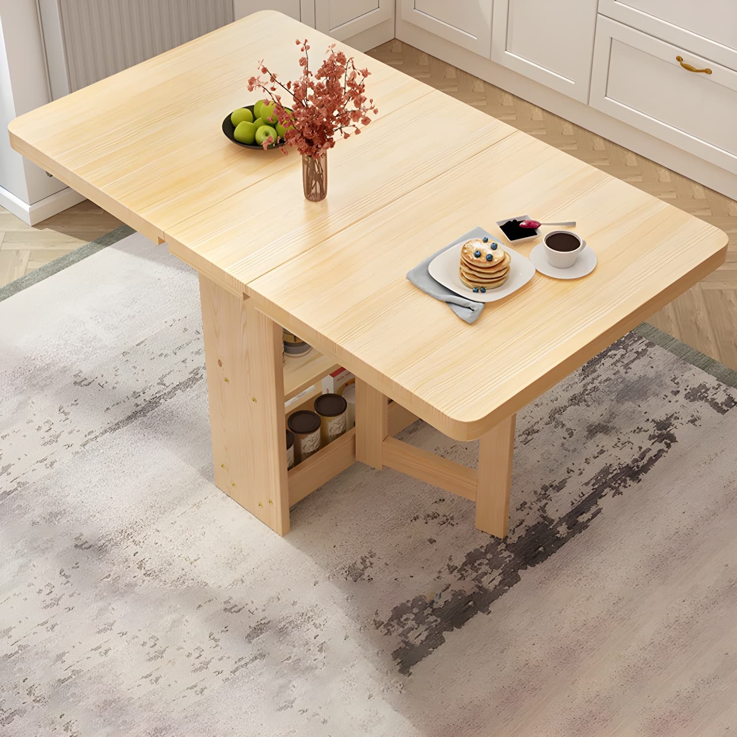 Modern Rectangular Wood Dining Table with Pedestal Base, Seats 4, Drop Leaf Design - image 5