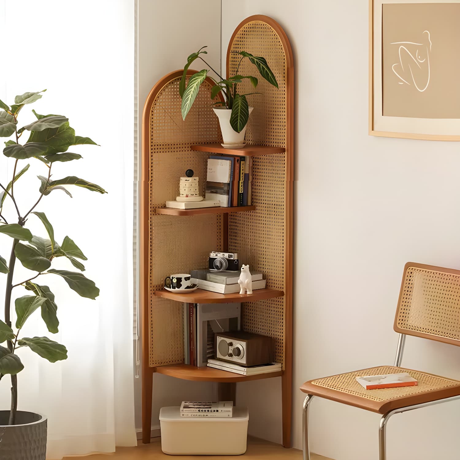 Scandinavian Corner Accent Chest with Natural Wood Counter Top and 4 Open Shelves - image 6