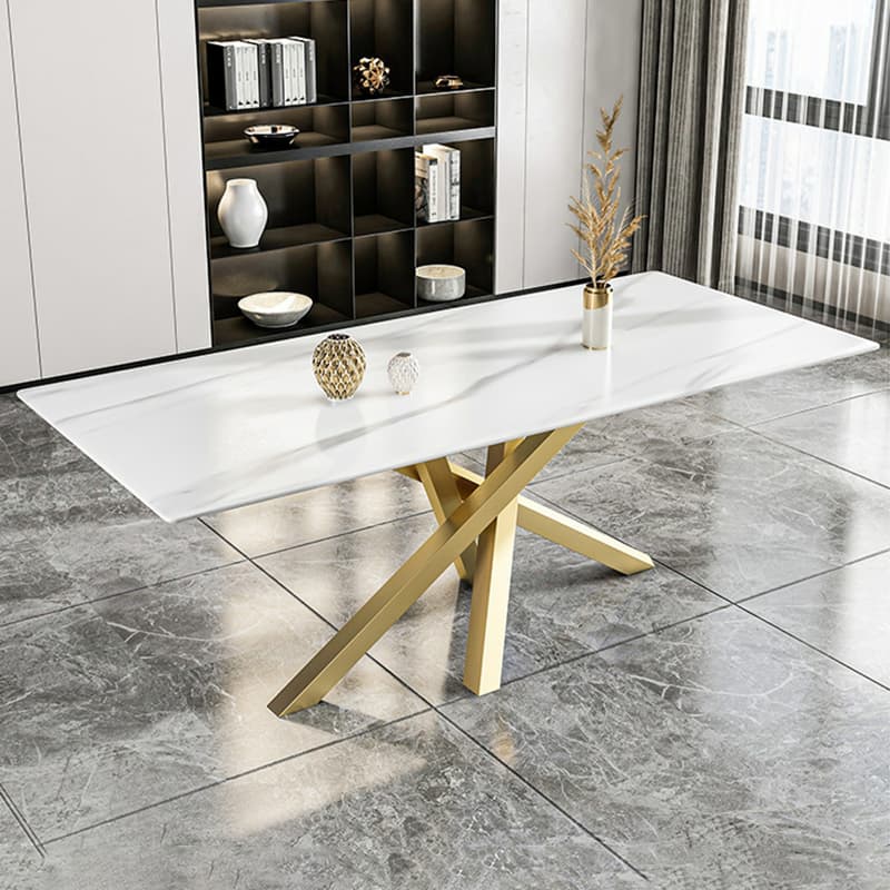 Art Deco Standard Table Height Rectangle Fixed Marble Top/Wood Dining Table with Golden Base for 8/4 People/6 People - image 4