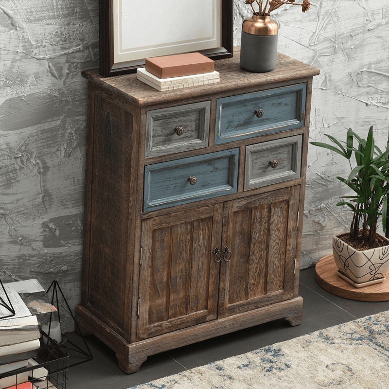 Industrial Detached Utility Cabinet with Distressed Wood and 4 Drawers Featuring Loop Pulls