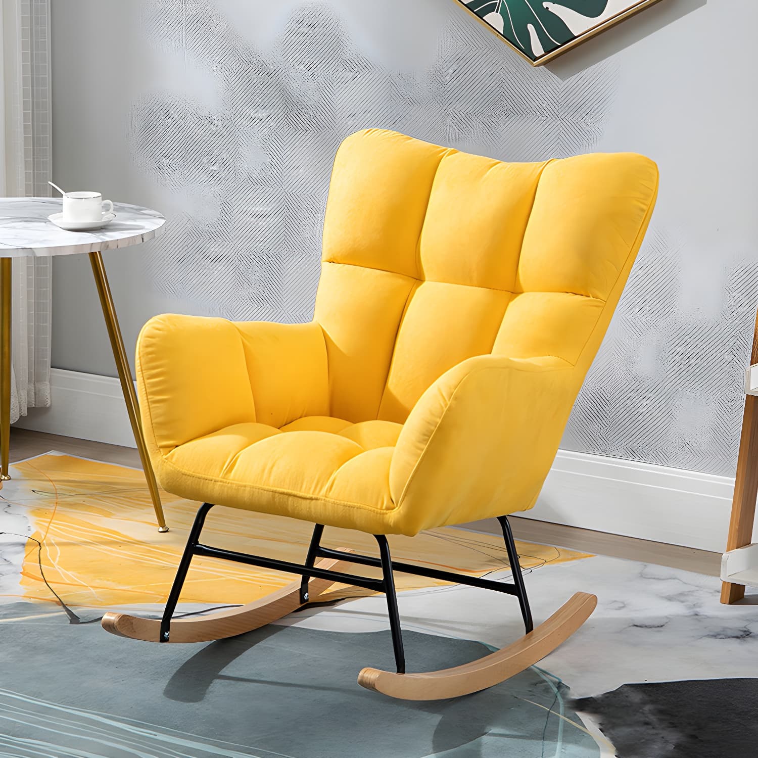 Modern Rocker Chair Upholstered Dark Legs Glider Button-Tufted - image 12