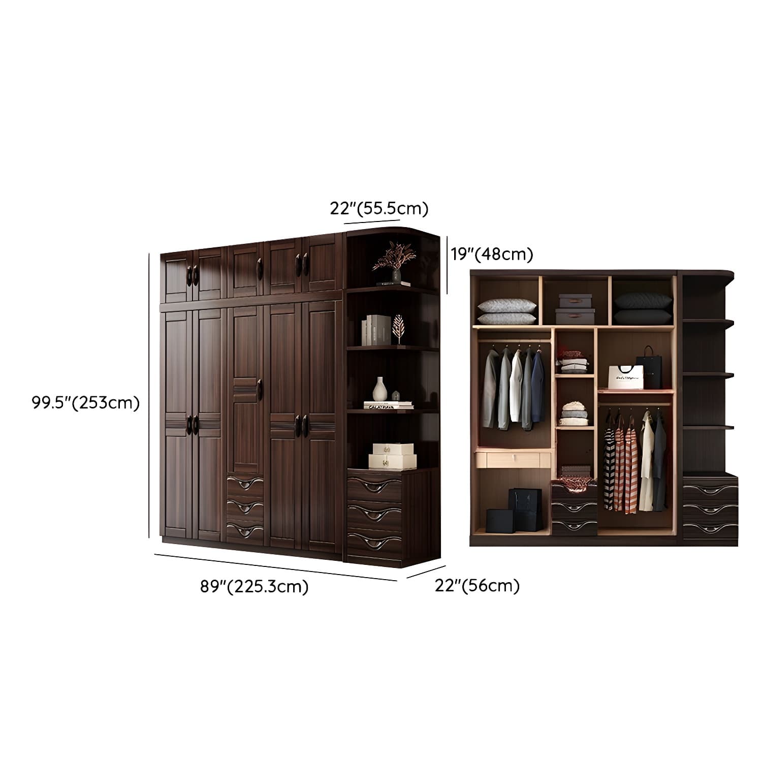 Traditional Black-brown Storage Wood Wardrobe with Clothing Rod and Shelves - image 23