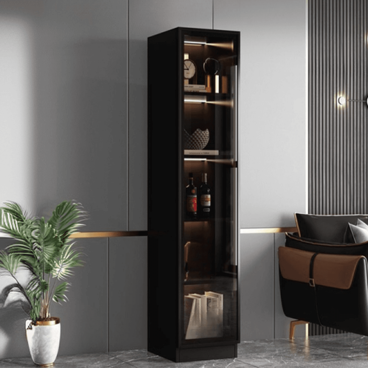 Contemporary Rectangle Utility Storage Cabinet with Storage Cabinet, Composite Wood Countertop, Glass-panel Door in Midnight Black - image 4