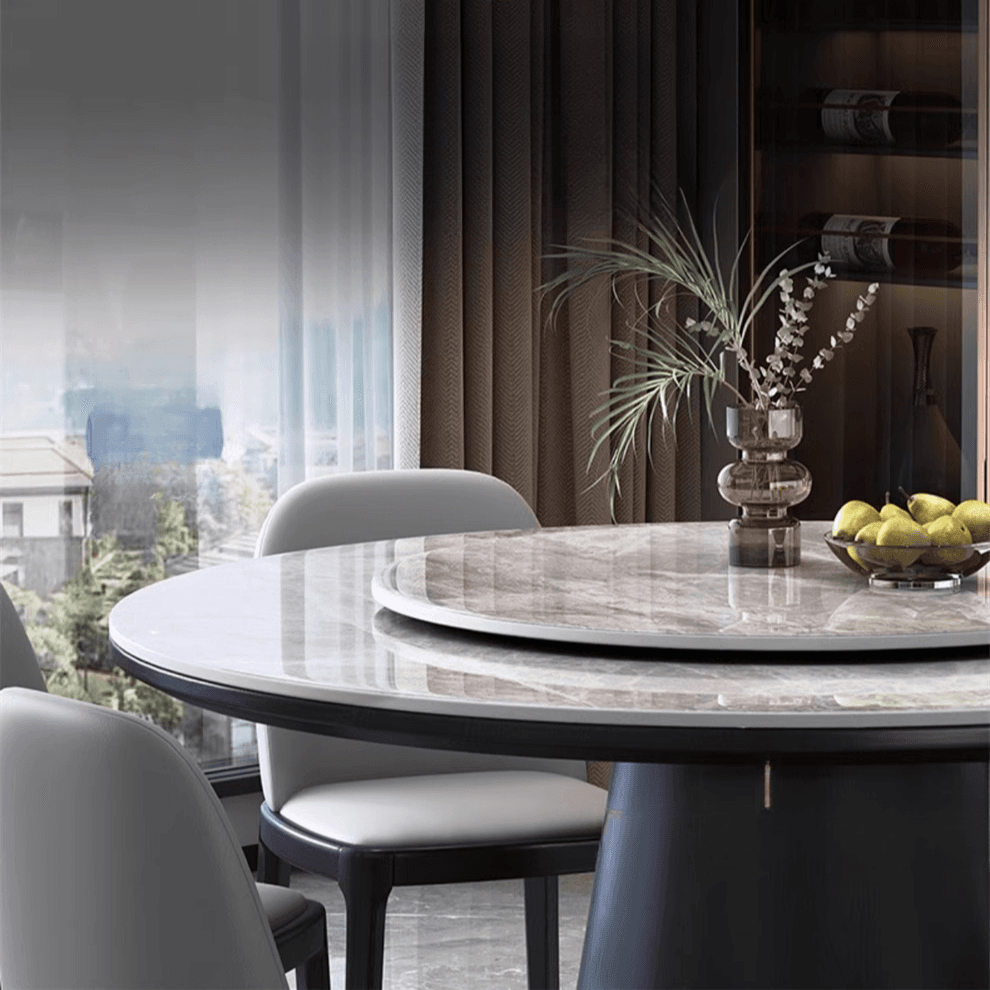 Minimalist Rounded Dining Table Set with Slate Stone Top, Stump Base in Light Gray - image 3