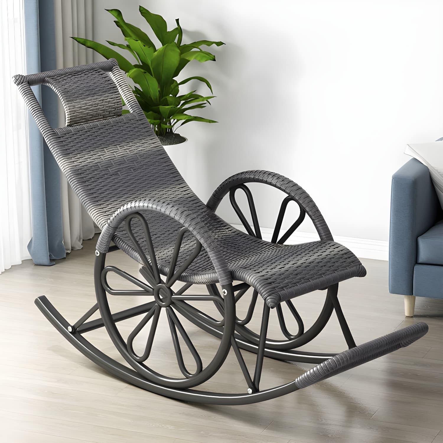 Rattan Modern Rocking Chair Woven Rope Rocker Chair in Black - image 4