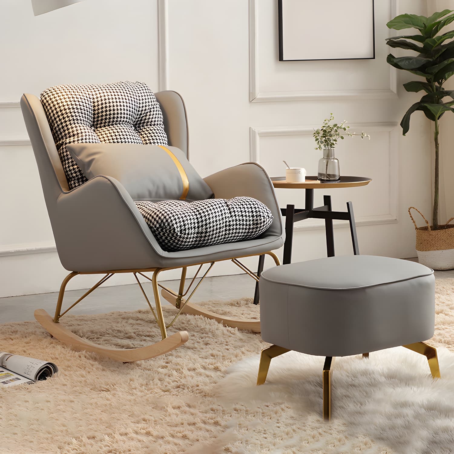 Contemporary Rocking Chair Rubber Wood Frame Wing Chair Back Indoor Rocking Chair - image 17