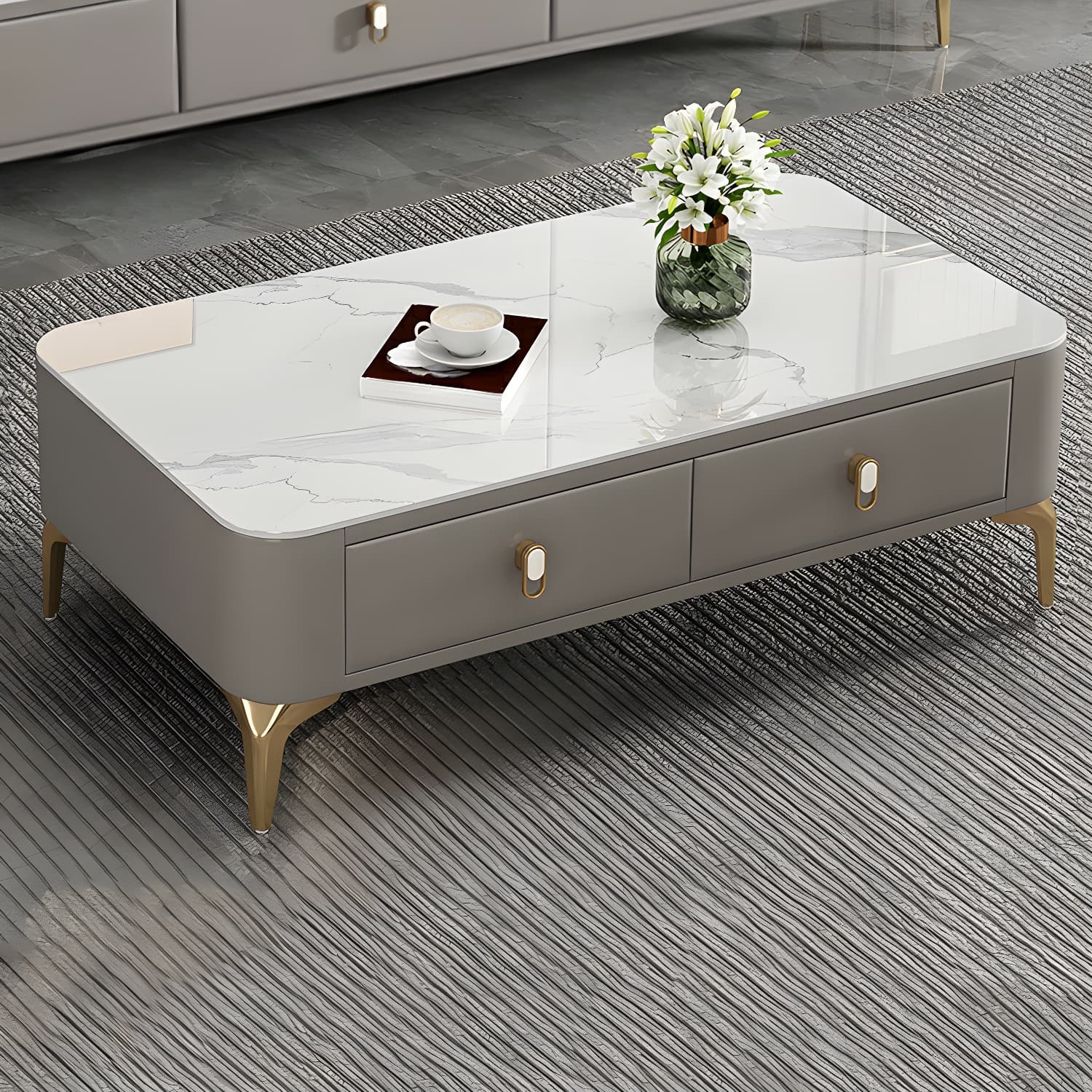 Modern Gold Metal Coffee Table with Stone Top and Built-In Storage Drawers - image 4
