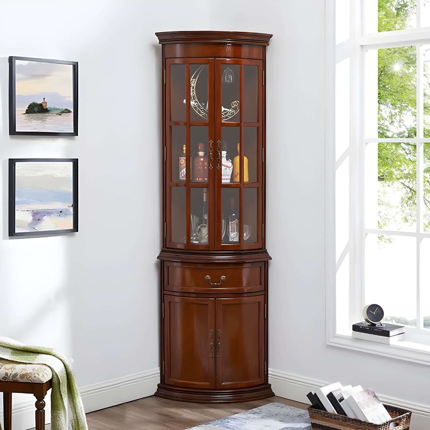 Corner Mid-Century Modern Accent Cabinet with Wood Countertop and Glass Doors - image 12