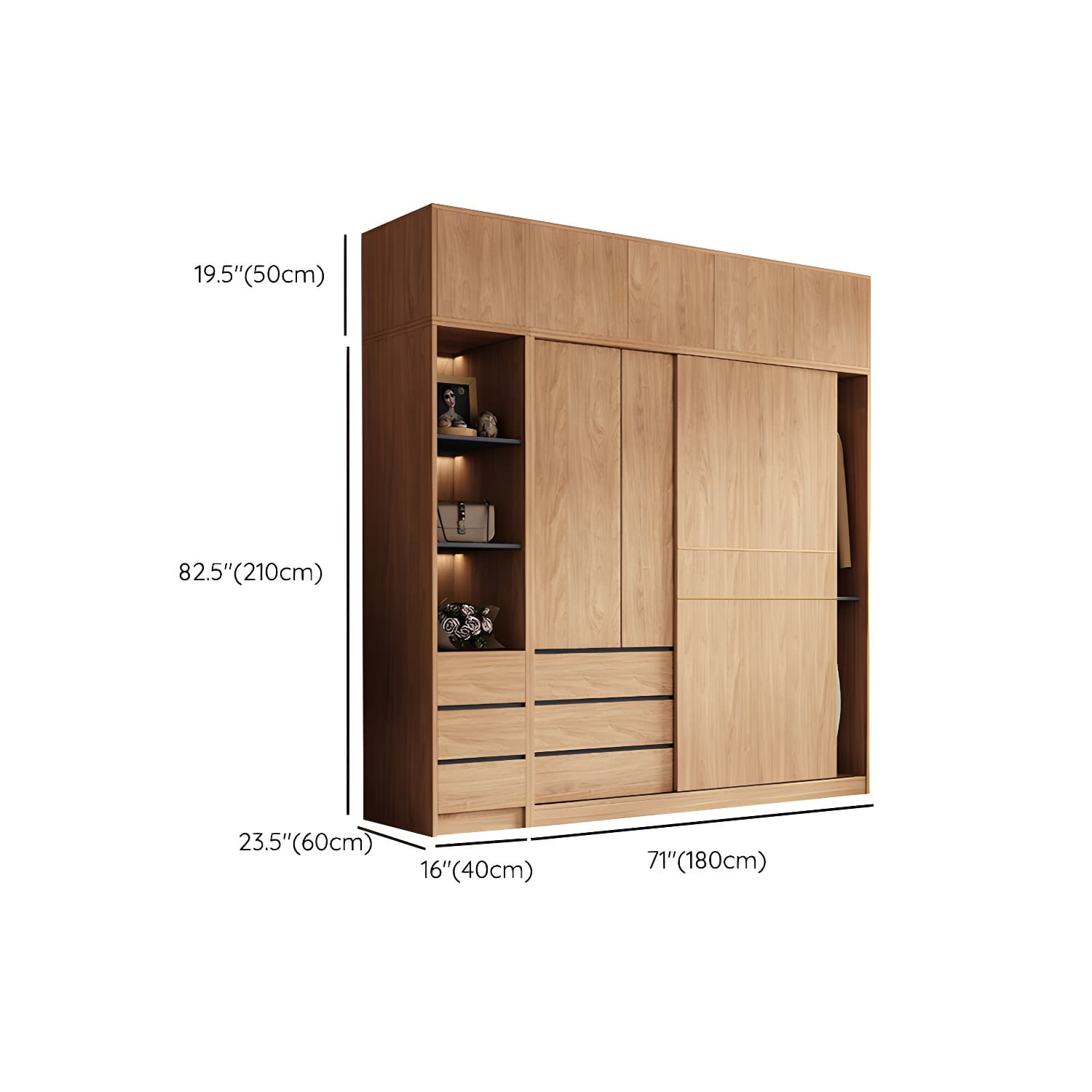 Natural Finish Wardrobe Armoire Sliding Wardrobe Cabinet with Drawer - image 27