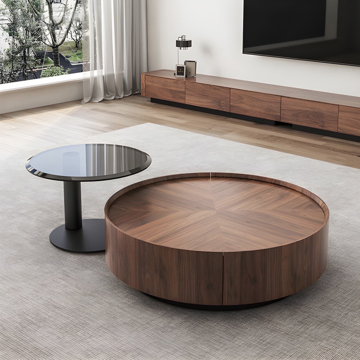 Round Wood Cocktail Table Set with 2 Drawers Modern Walnut Coffee Table - image 3