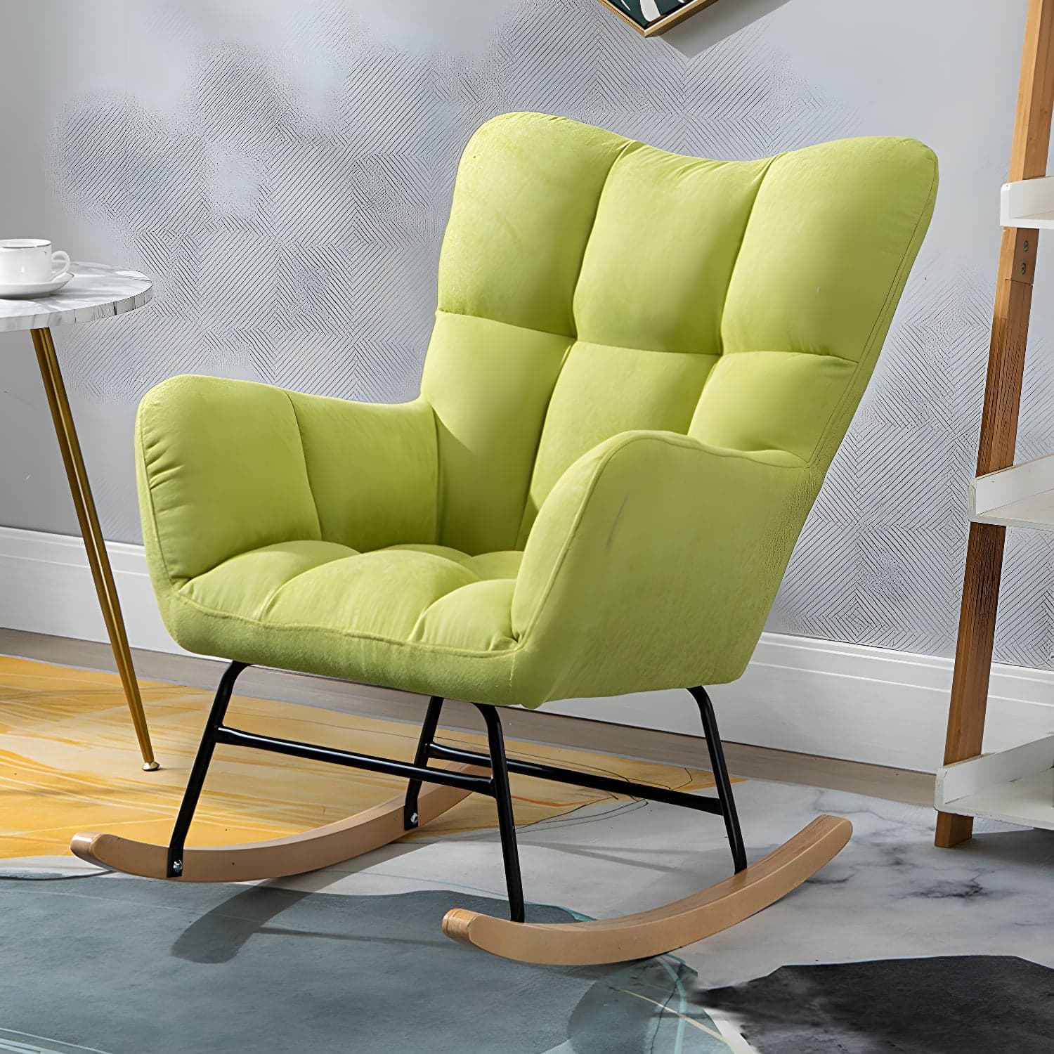 Modern Rocker Chair Upholstered Dark Legs Glider Button-Tufted - image 10