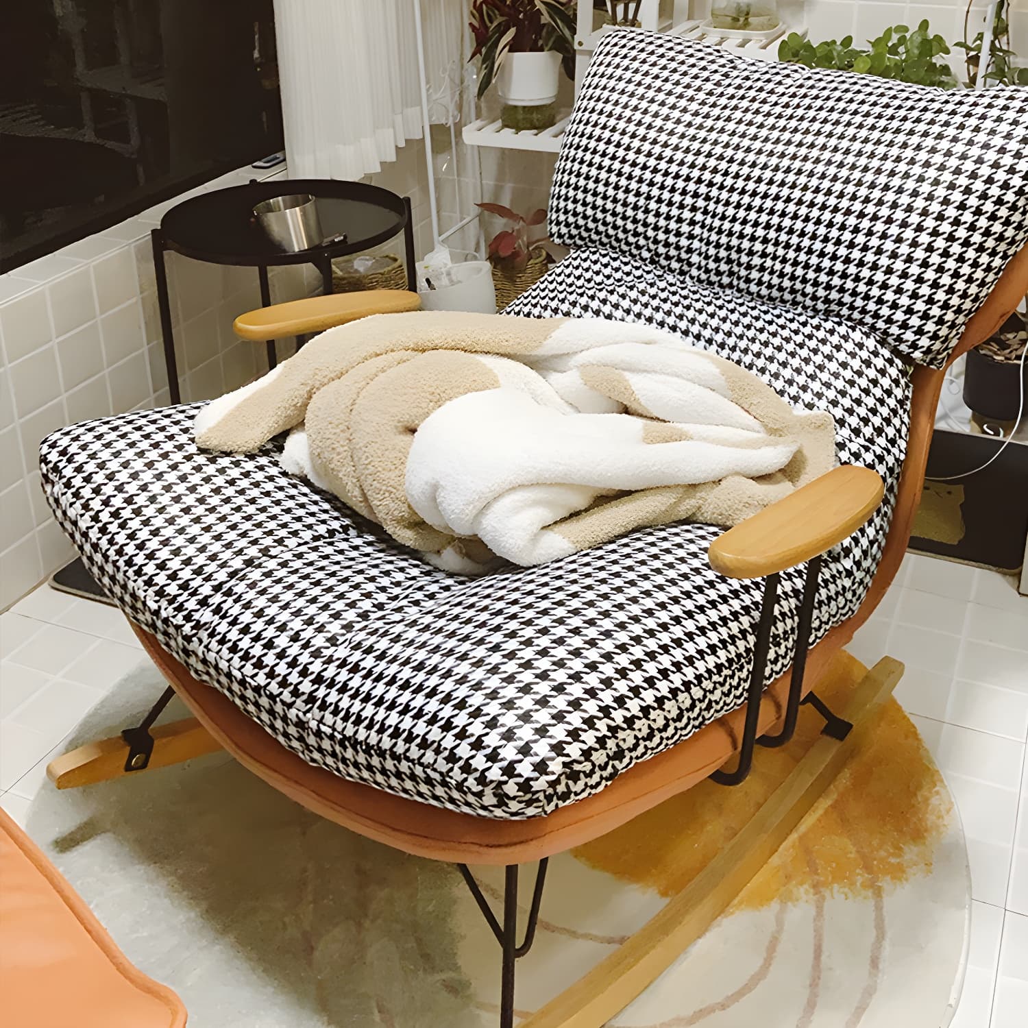 Scandinavian Indoor Upholstered Rocking Chair with Track Arms and Natural Wood Legs - image 14