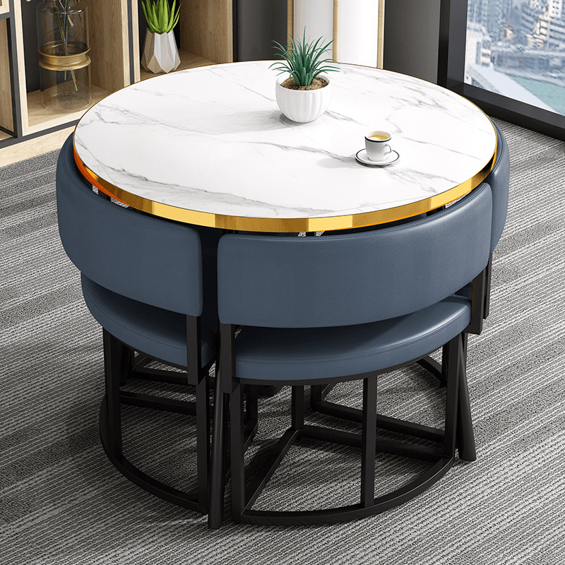 Art Deco Circular-shaped Upholstered Chair Metal & Faux Wood Dining Table Set with Upholstered Back in White, 5 Pieces - image 12