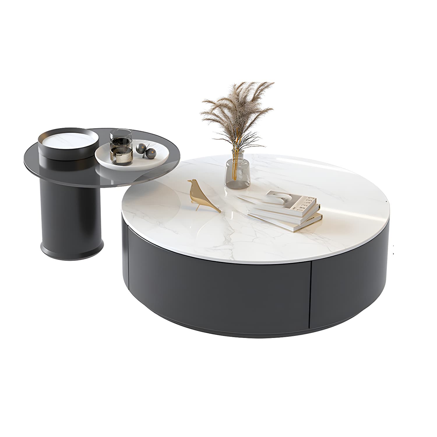 Stone Top Coffee Cocktail Table with Drawer Drum Contemporary Round - image 12
