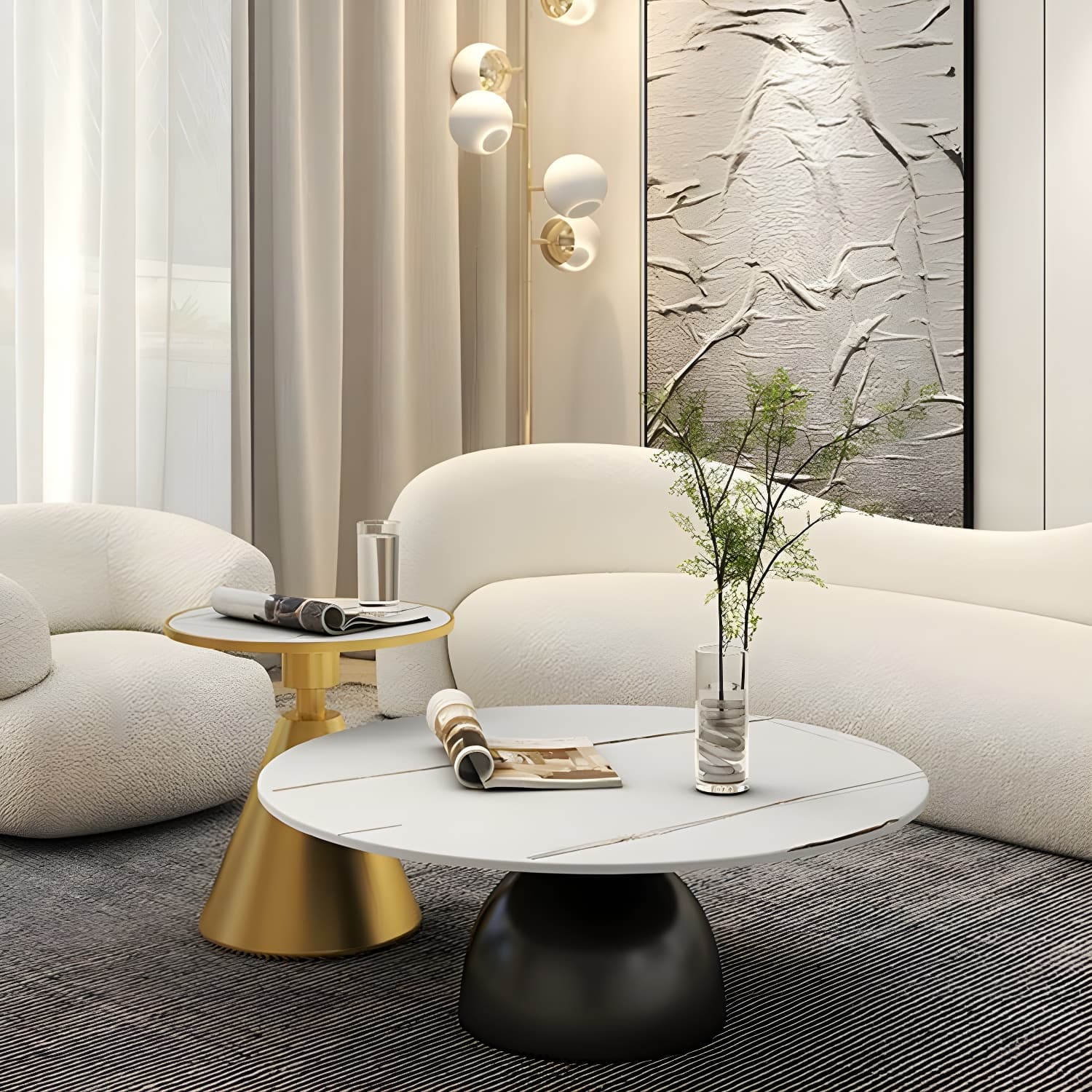 Round Stone Glam Coffee Table with Pedestal Iron Base and Built-in Storage - image 17