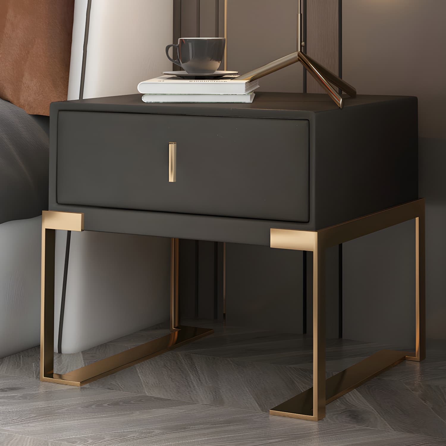 Faux Leather Nightstand 1-Drawer 21 Inch Tall Modern Legs Included Night Table - image 3