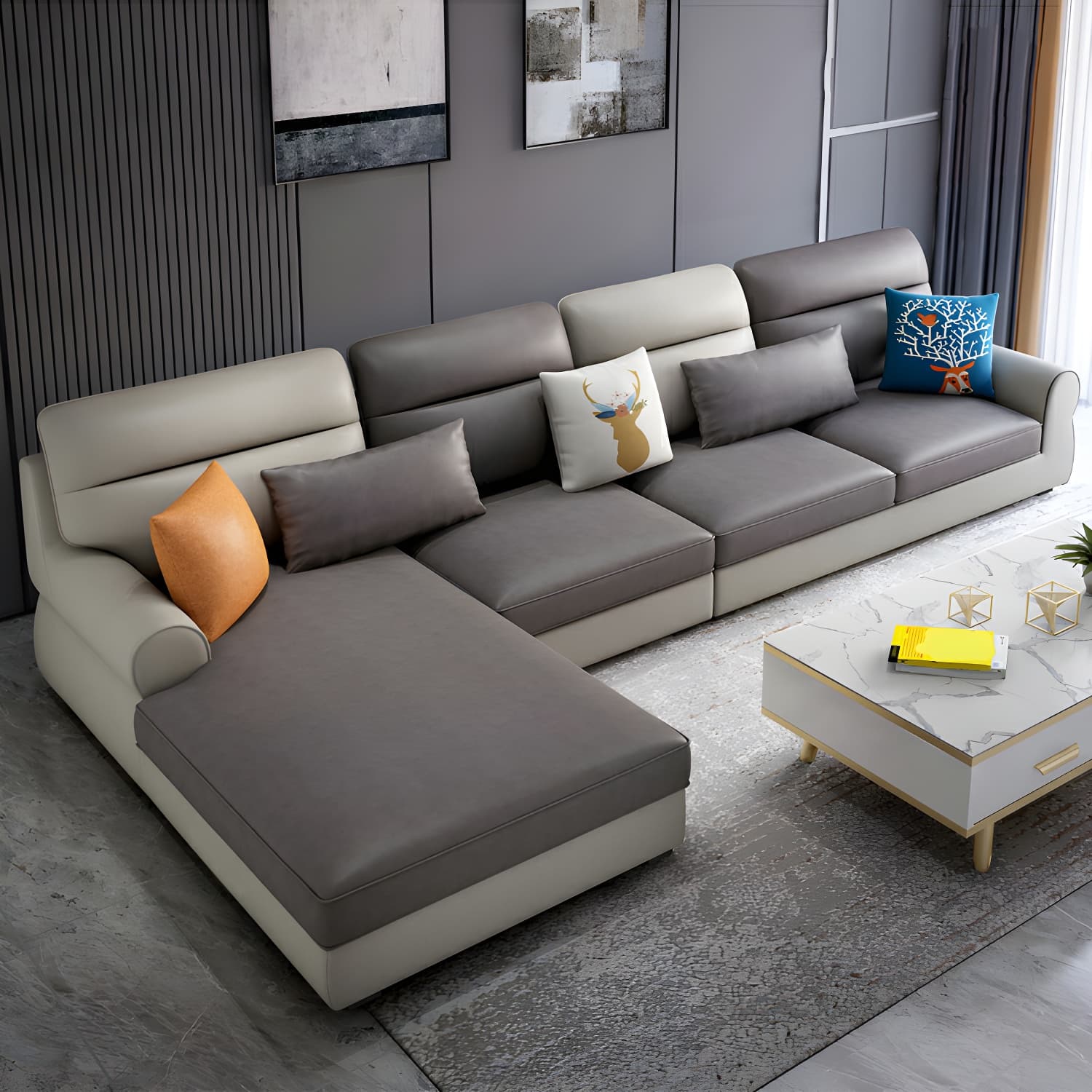 Large Modern L-Shape Stationary Wood Sectional Sofa with Round Arm and Cushion Back