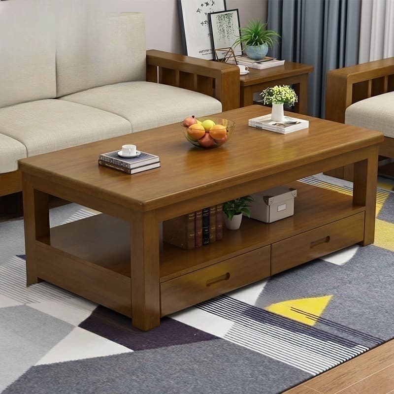 Wood Four Leg Storage Included Rectangular Standard Coffee Table No Drilling Required Modern Style