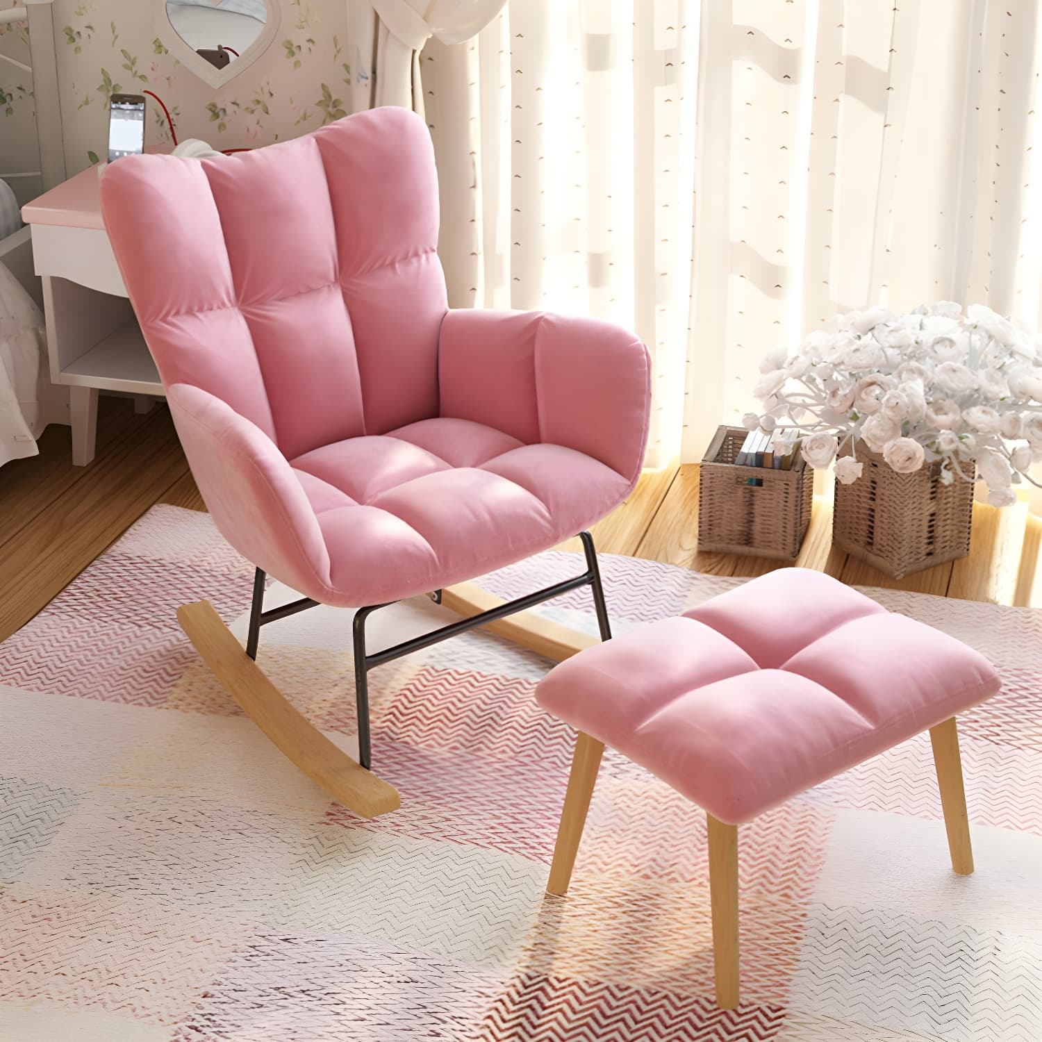 Modern Rocker Chair Upholstered Dark Legs Glider Button-Tufted - image 24