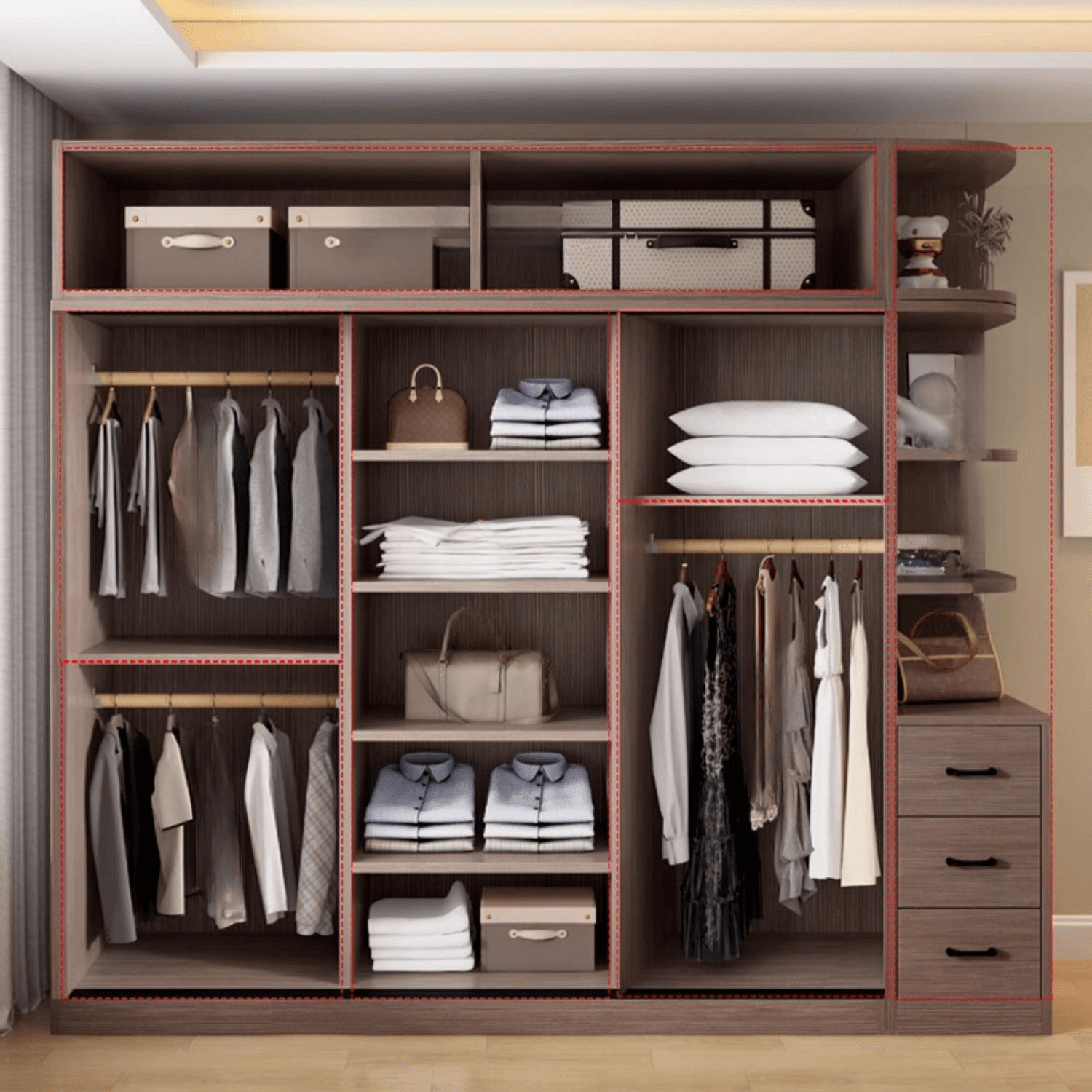 Sleek Natural Finish Modern Wooden Standalone Wardrobe Closet with Soft Close Features and Hanging Rod