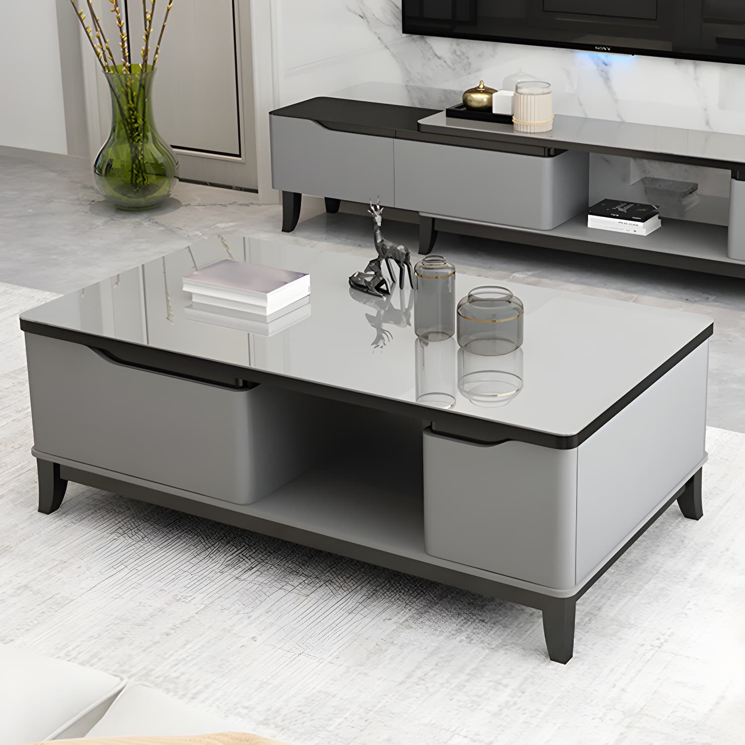 17.7 " Tall Contemporary Wood 4 Legs Glass/slate Rectangular Top Coffee Table with Drawers - image 5