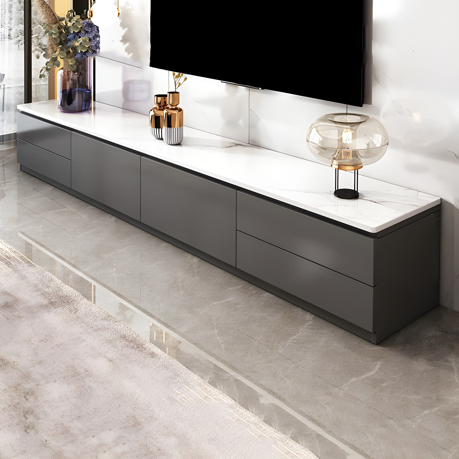 Stone Contemporary with Drawers Wood with Cabinet Media Console