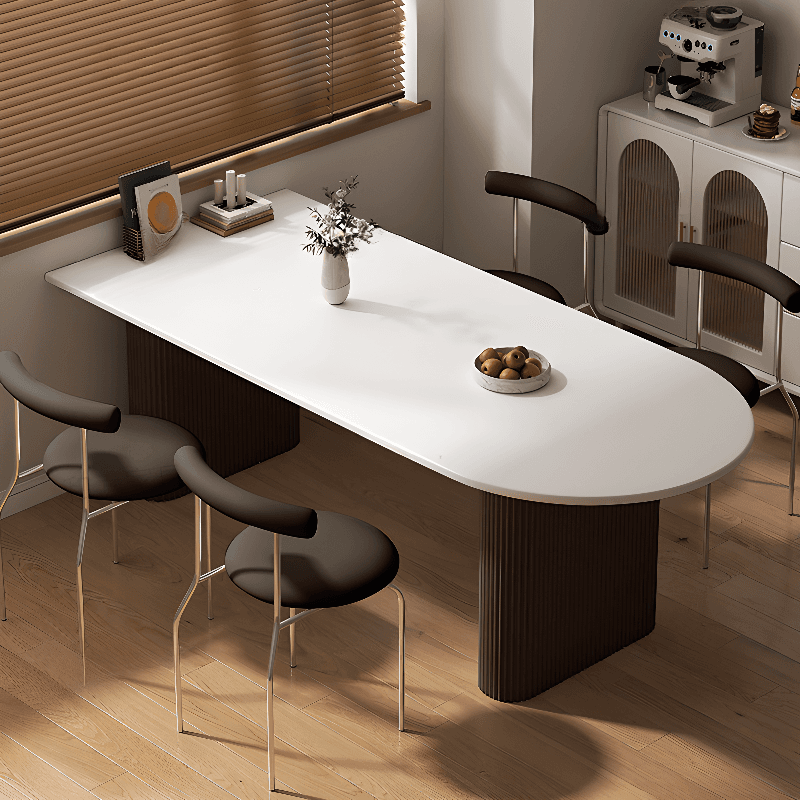 Minimalist Dining Table Set with White Slate Top and Two-sided Pedestal Base, Featuring a Fixed Table - image 3