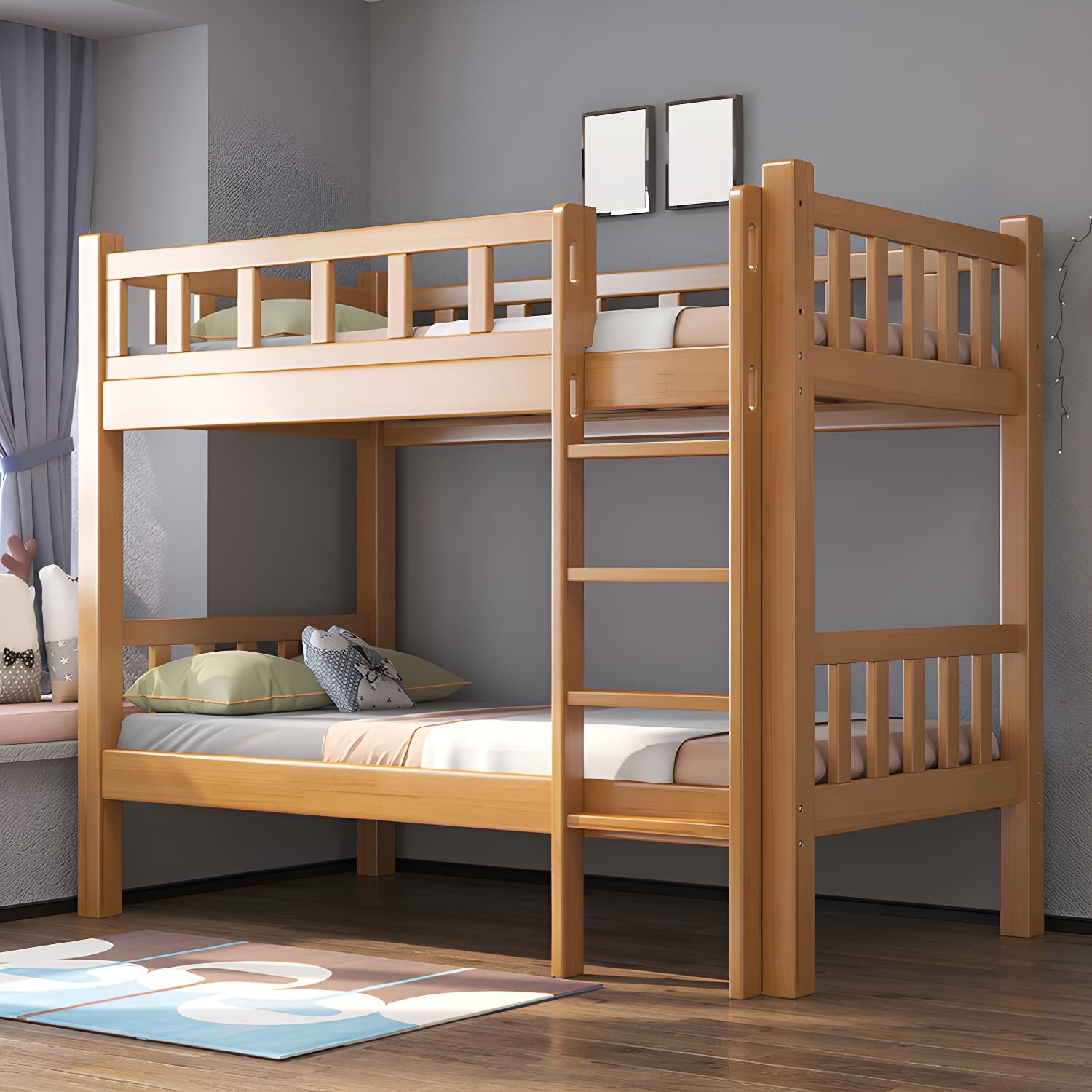 Mid-Century Modern Headboard Bunk Bed Solid Wood Bed with Footboard